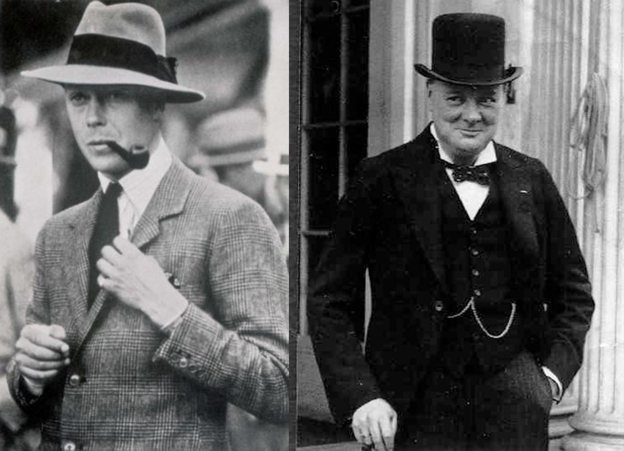 Príncipe de Gales de fedora em 1925 e Winston Churchil de cartola em 1925 Príncipe de Gales de fedora em 1925 e Winston Churchil de cartola em 1925